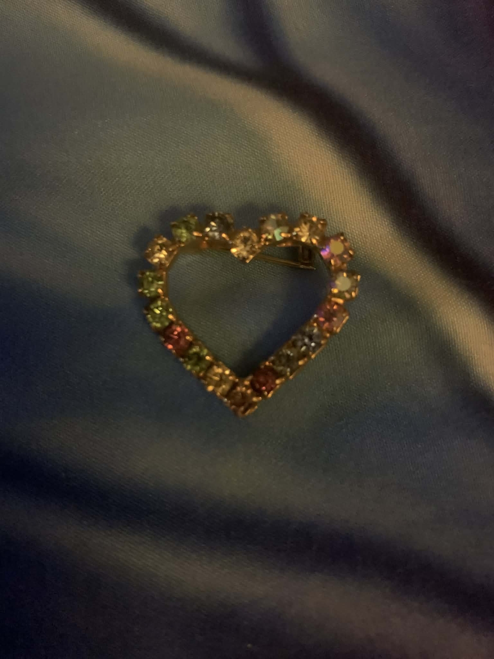 Gold Heart Brooch with Multicolor Crystal Accents
